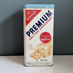 Vintage Nabisco Premium Saltine Crackers Metal Tin 1960’s Square‎ Blue Lid T3